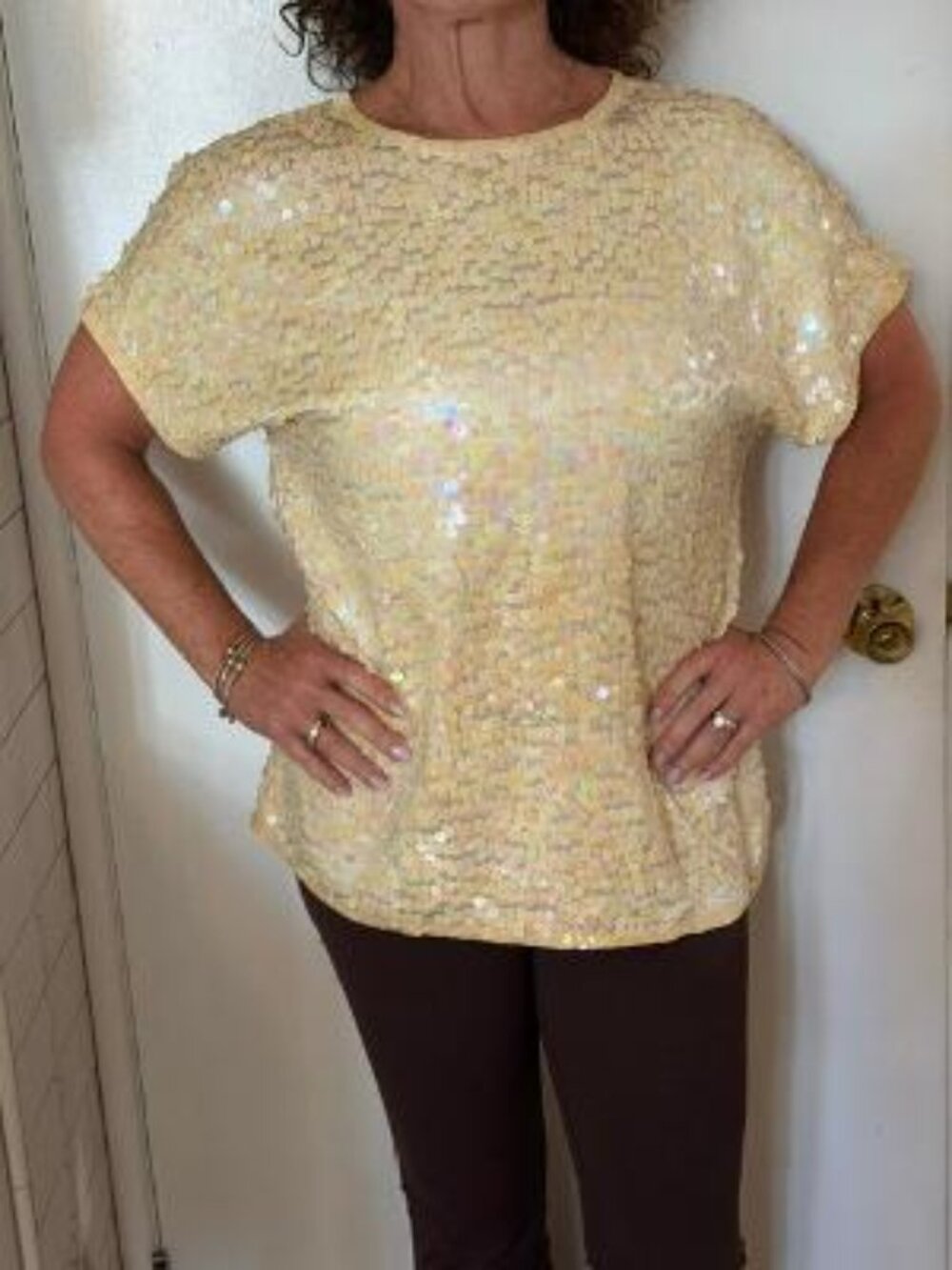 Vintage Golden White Sequined Hand Sewn Party Blouse/Size 6-10